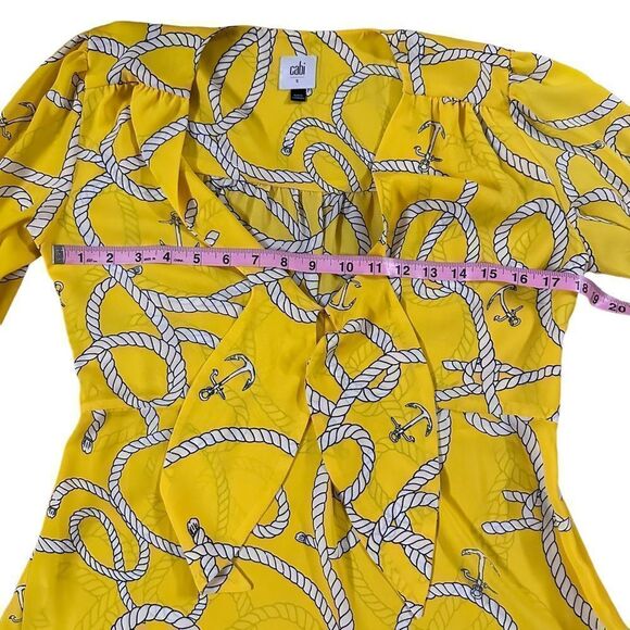 Cabi ~ Womens Nautical Yellow Sheer Blouse ~ side zip closure ~ tie front ~ sz S - Picture 8 of 12
